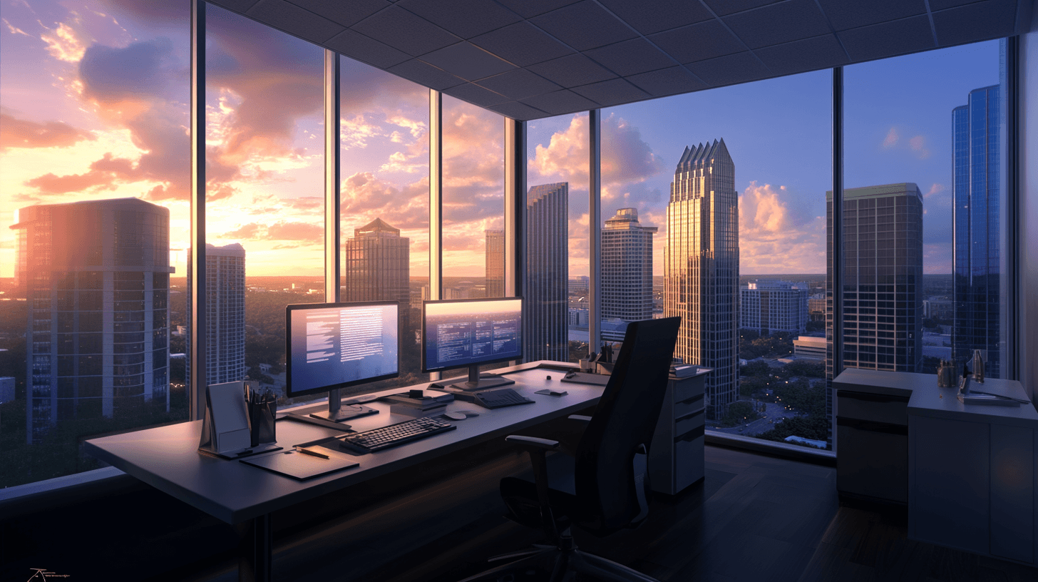 Modern office space with panoramic city view at sunset